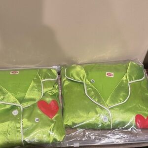 Satin Grinch Inspired Green Heart Kids Pajamas, Set of Two- size 140 and 150